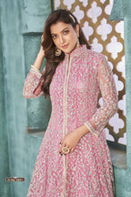 Pink Net Anarkali Indian Party Wear Dresses with Sequins and Thread Embroidery Work