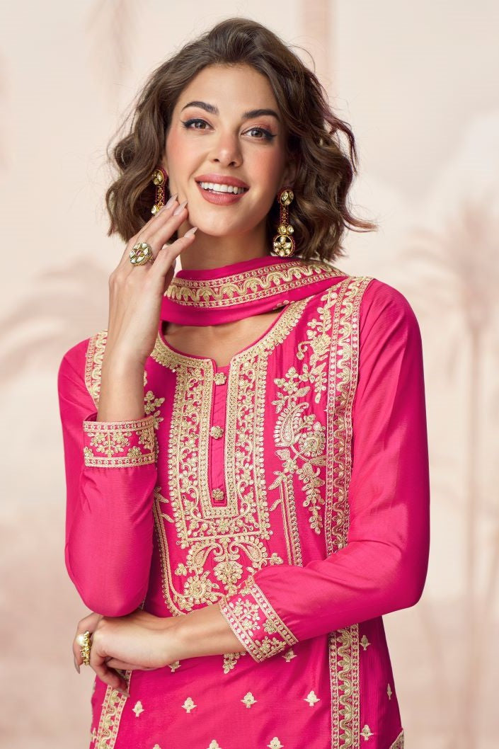 Pink Chinon Silk Kurta with Palazo Indian Wedding Suits with Dori and Sequins Work