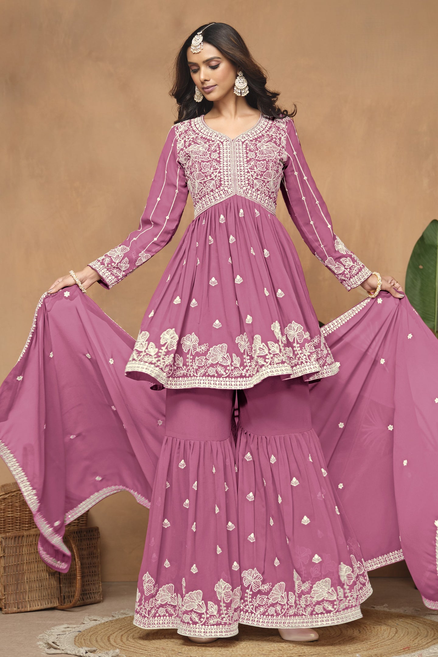 Pink Georgette Light Sharara Suit with Thread Embroidery Work