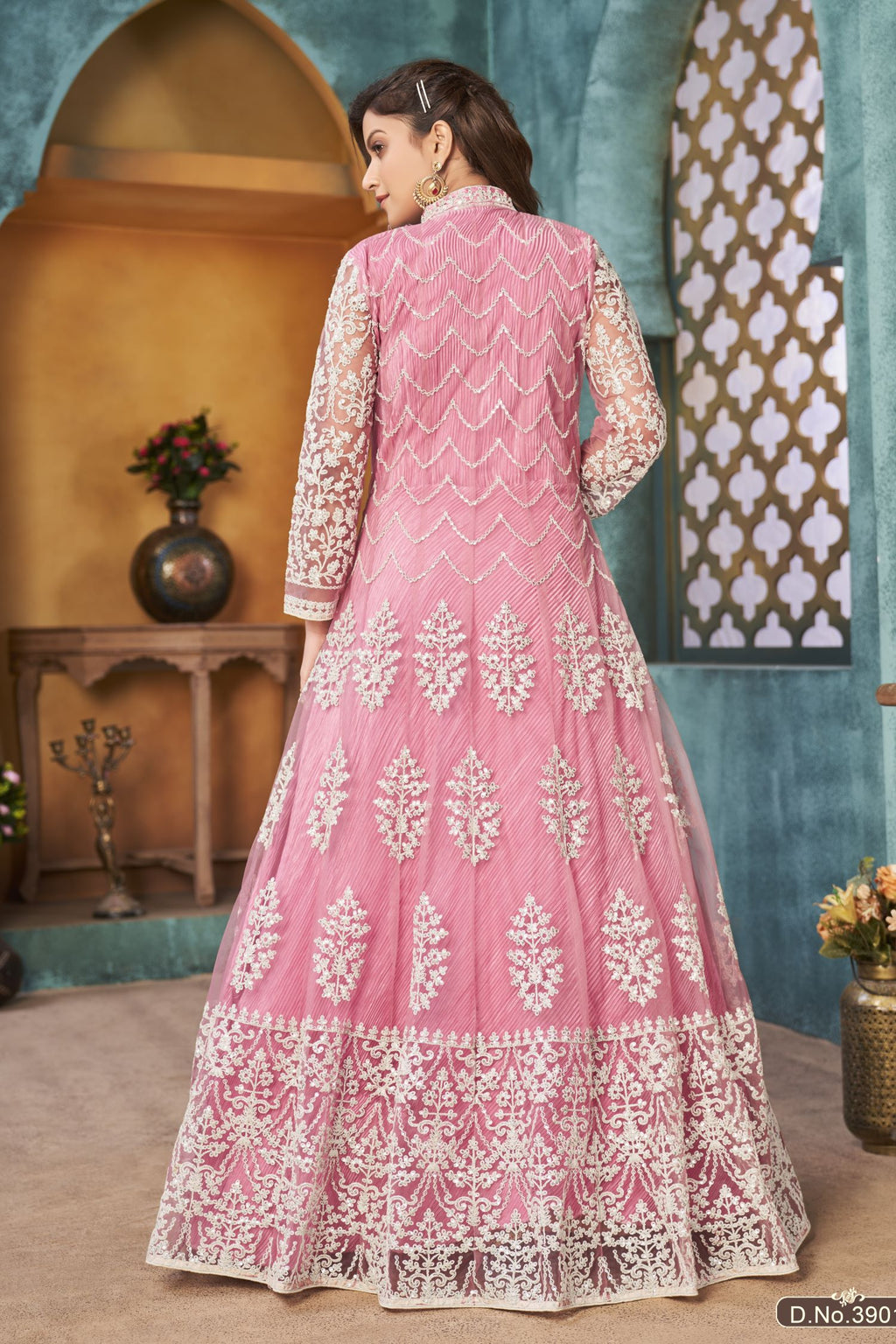 Pink Net Anarkali Indian Party Wear Dresses with Sequins and Thread Embroidery Work