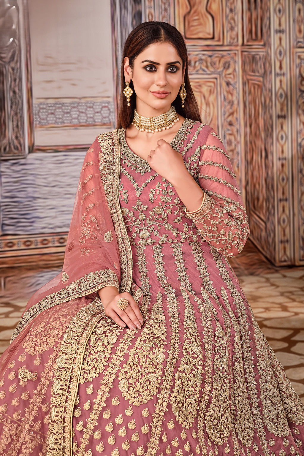 Pink Art Silk Pakistani Anarkali Dress with Sequins and Thread Embroidery