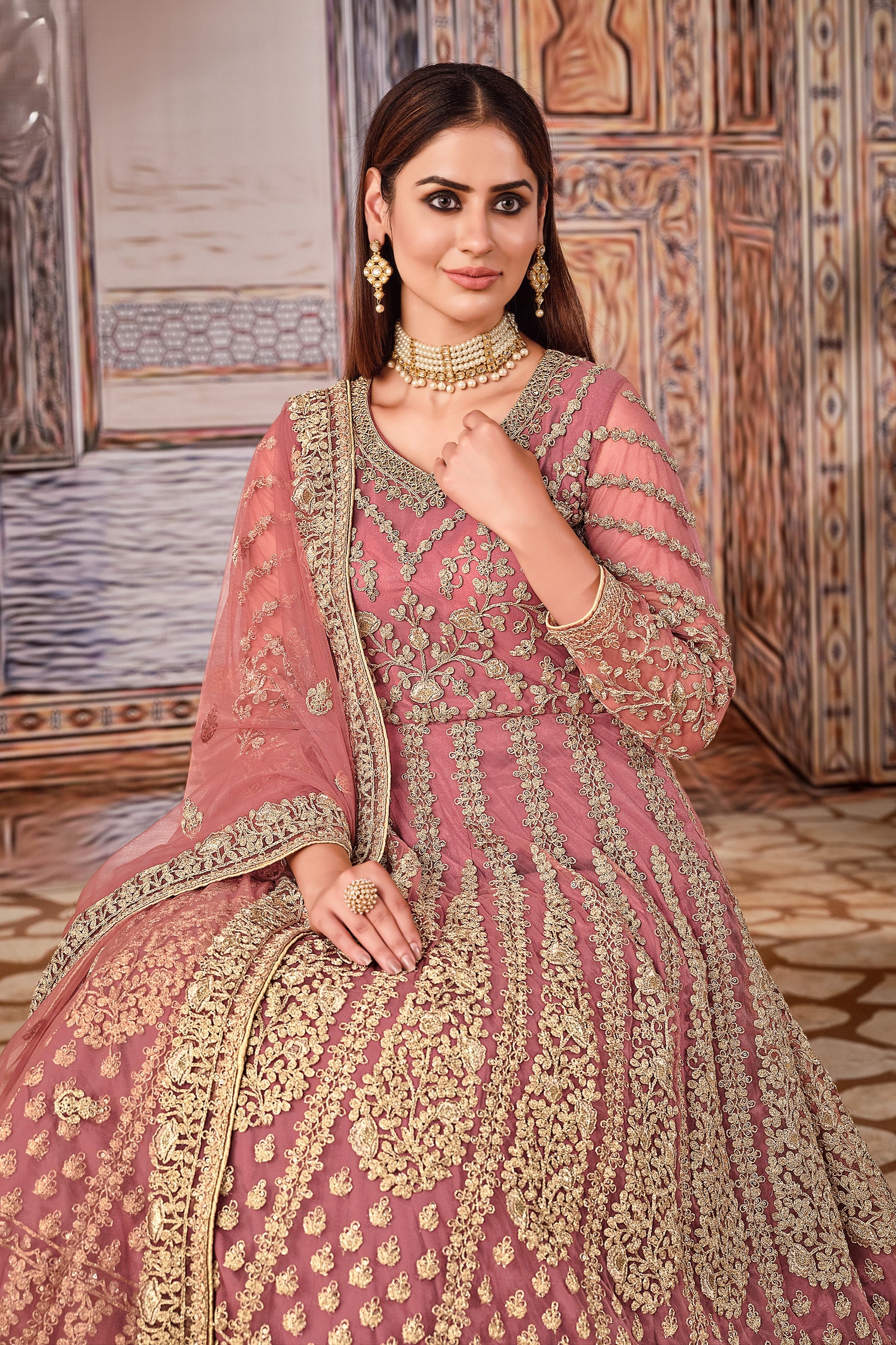 Pink Art Silk Pakistani Anarkali Dress with Sequins and Thread Embroidery