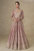Mauve Chinon Silk Anarkali Suit With Palazzo For Indian & Pakistani Wedding Festival - Sequins & Thread Embroidery Work