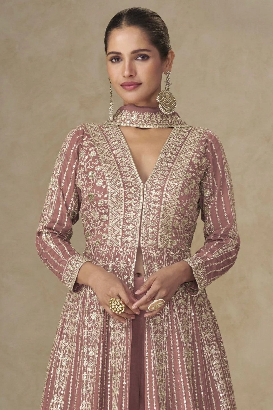 Mauve Chinon Silk Anarkali Suit With Palazzo For Indian & Pakistani Wedding Festival - Sequins & Thread Embroidery Work