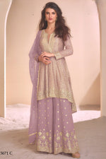 Pinkish Lavender Georgette Palazzo Suit For Indian Wedding & Pakistani Festival - Embroidery Work, Swarovski Work