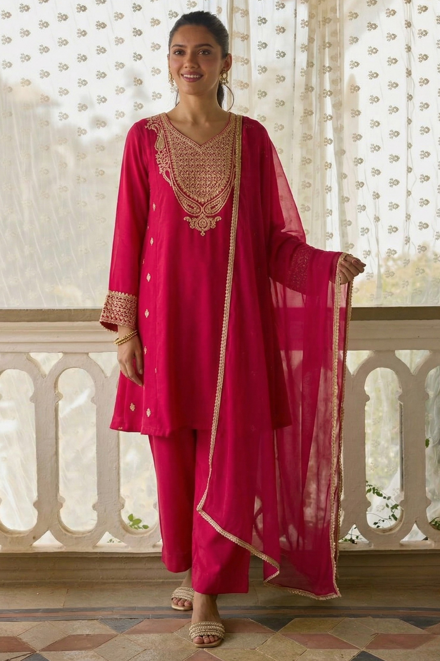 Magenta Cotton Silk Embroidery Loose Fit A Line Kurta Set for Women