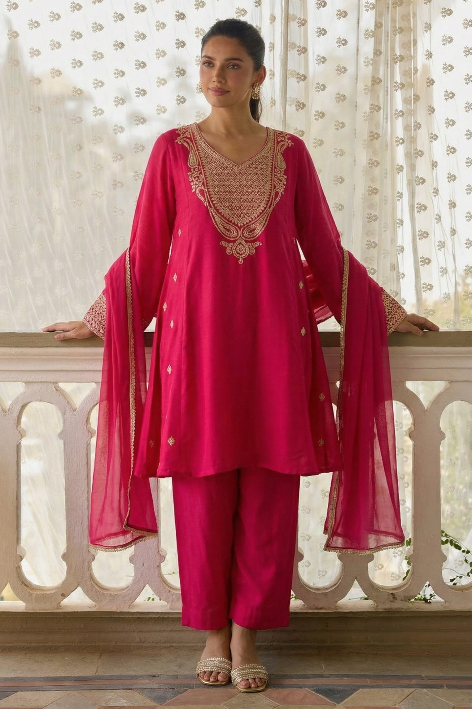 Magenta Cotton Silk Embroidery Loose Fit A Line Kurta Set for Women