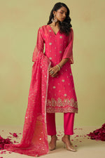 Pinkish Red Shimmer Organza Kameez with Pant For Ladies Indian Festivals & Weddings - Thread Embroidery Work, Sequence Embroidery Work, Hand Work