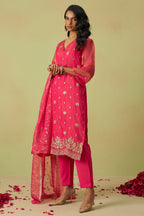 Hot Pink Shimmer Organza Kameez with Pant For Ladies Indian Festivals & Weddings - Thread Embroidery Work, Sequence Embroidery Work, Hand Work