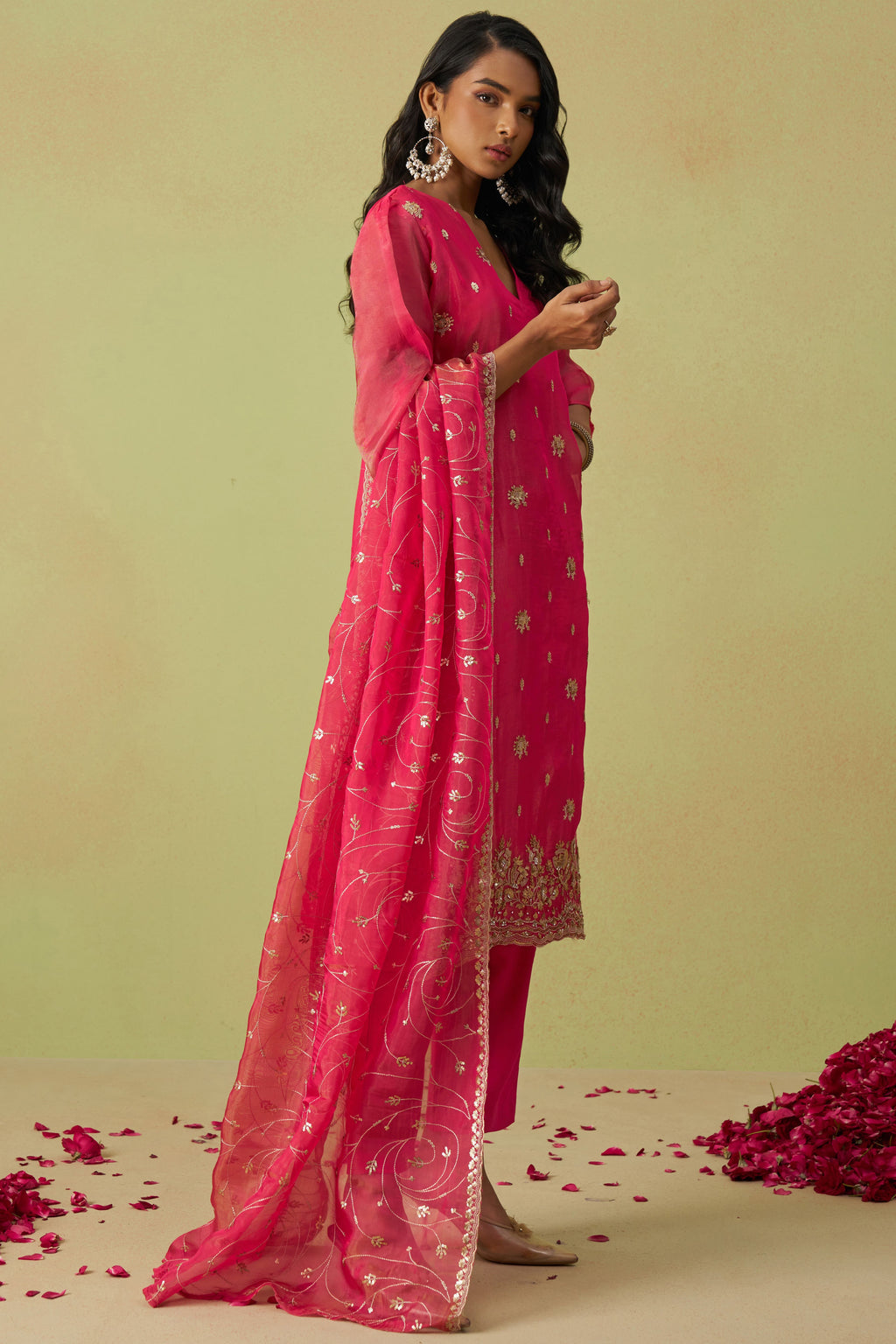 Hot Pink Shimmer Organza Kameez with Pant For Ladies Indian Festivals & Weddings - Thread Embroidery Work, Sequence Embroidery Work, Hand Work