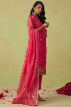 Hot Pink Shimmer Organza Kameez with Pant For Ladies Indian Festivals & Weddings - Thread Embroidery Work, Sequence Embroidery Work, Hand Work