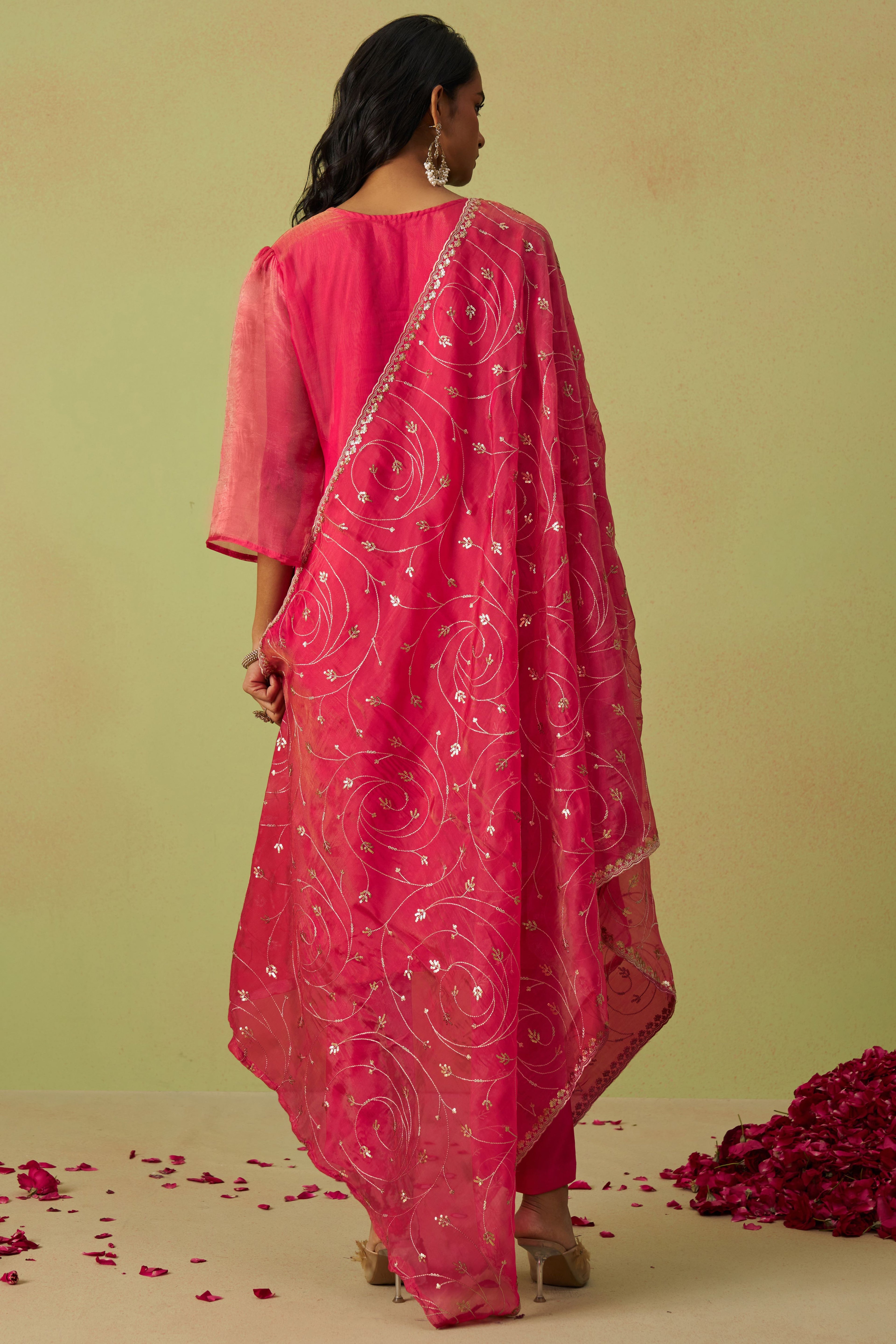 Hot Pink Shimmer Organza Kameez with Pant For Ladies Indian Festivals & Weddings - Thread Embroidery Work, Sequence Embroidery Work, Hand Work