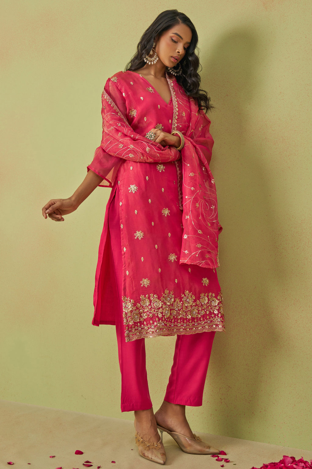 Hot Pink Shimmer Organza Kameez with Pant For Ladies Indian Festivals & Weddings - Thread Embroidery Work, Sequence Embroidery Work, Hand Work