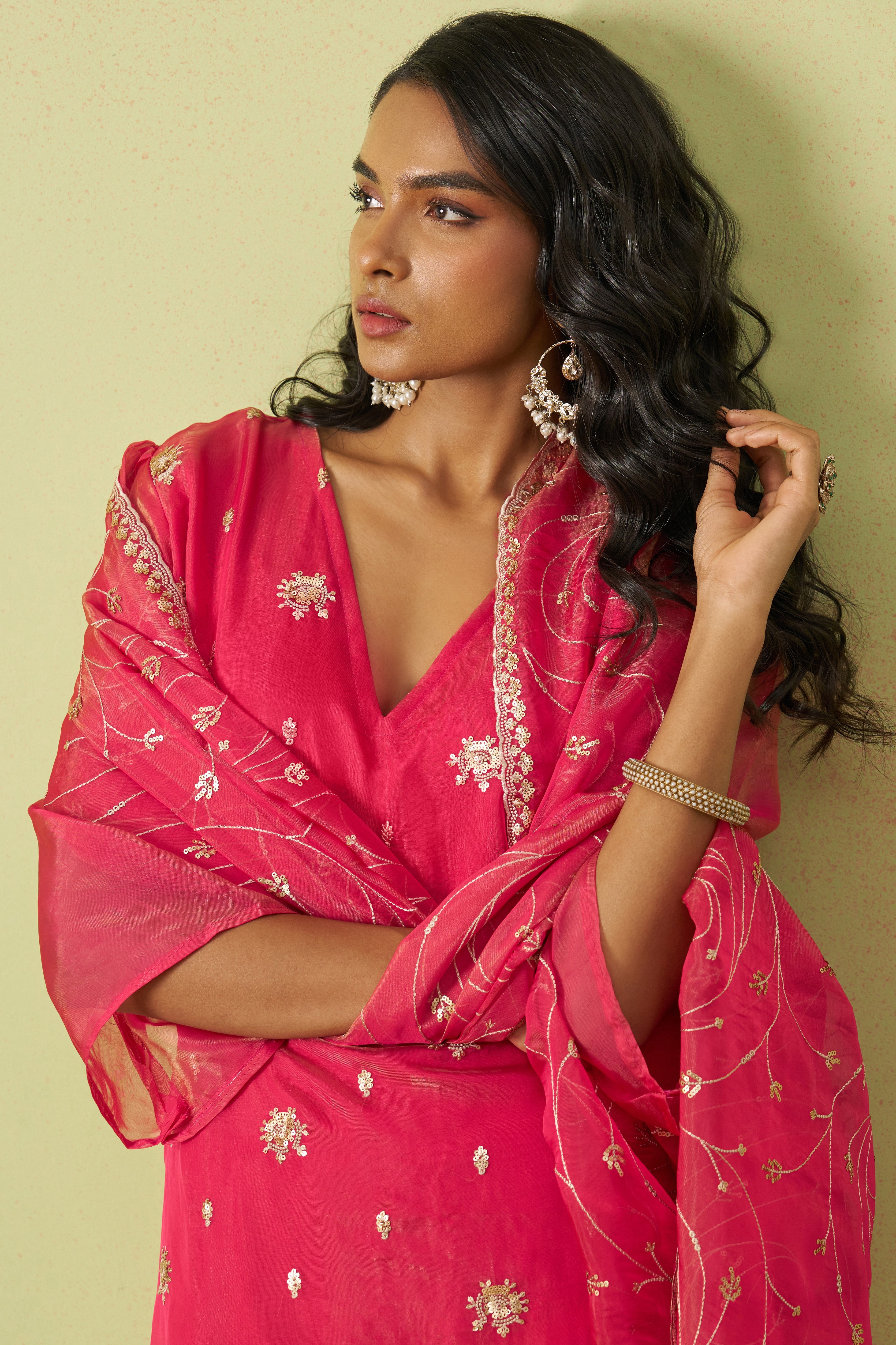 Hot Pink Shimmer Organza Kameez with Pant For Ladies Indian Festivals & Weddings - Thread Embroidery Work, Sequence Embroidery Work, Hand Work