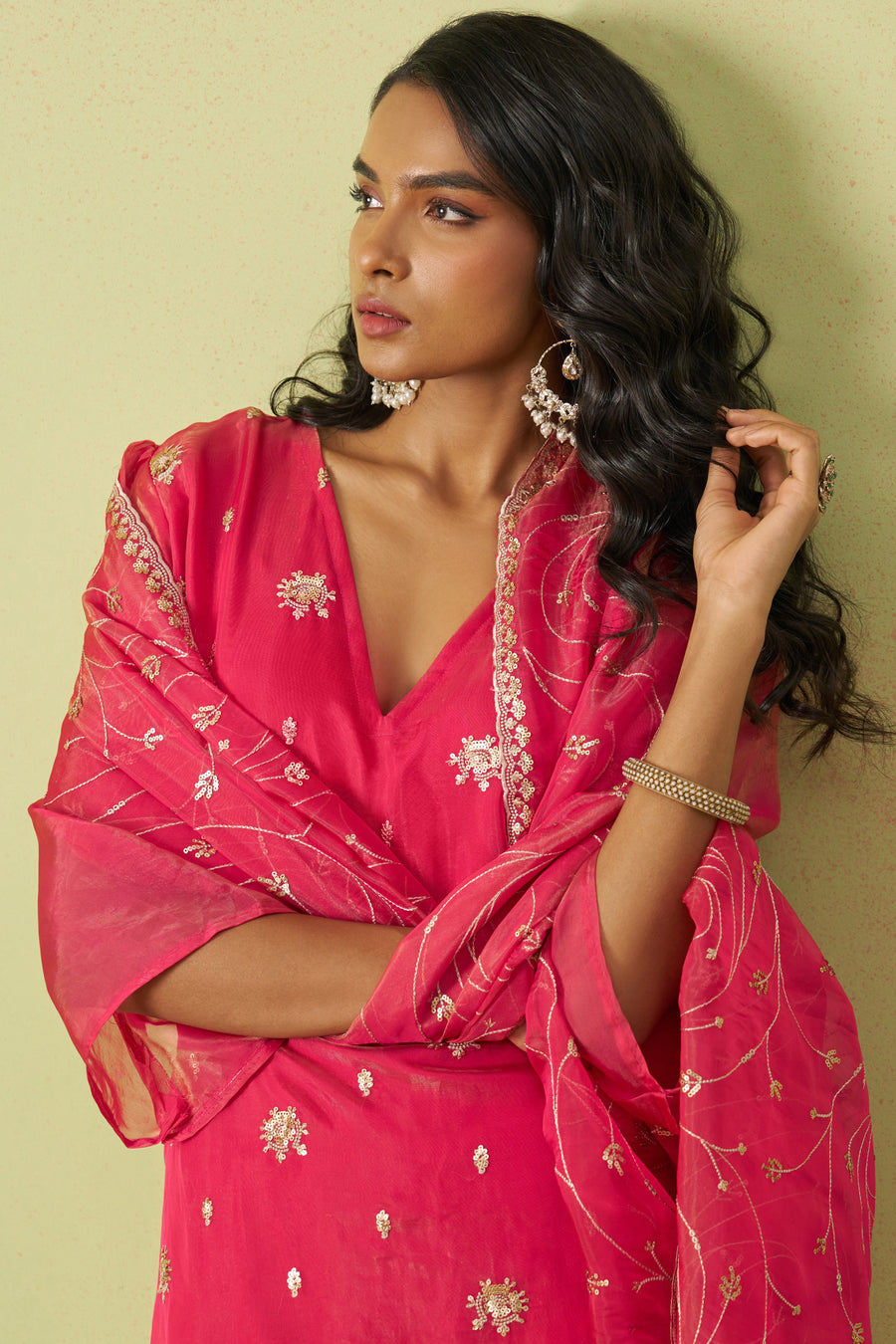 Hot Pink Shimmer Organza Kameez with Pant For Ladies Indian Festivals & Weddings - Thread Embroidery Work, Sequence Embroidery Work, Hand Work