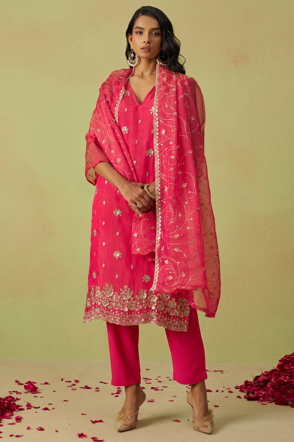 Hot Pink Shimmer Organza Kameez with Pant For Ladies Indian Festivals & Weddings - Thread Embroidery Work, Sequence Embroidery Work, Hand Work