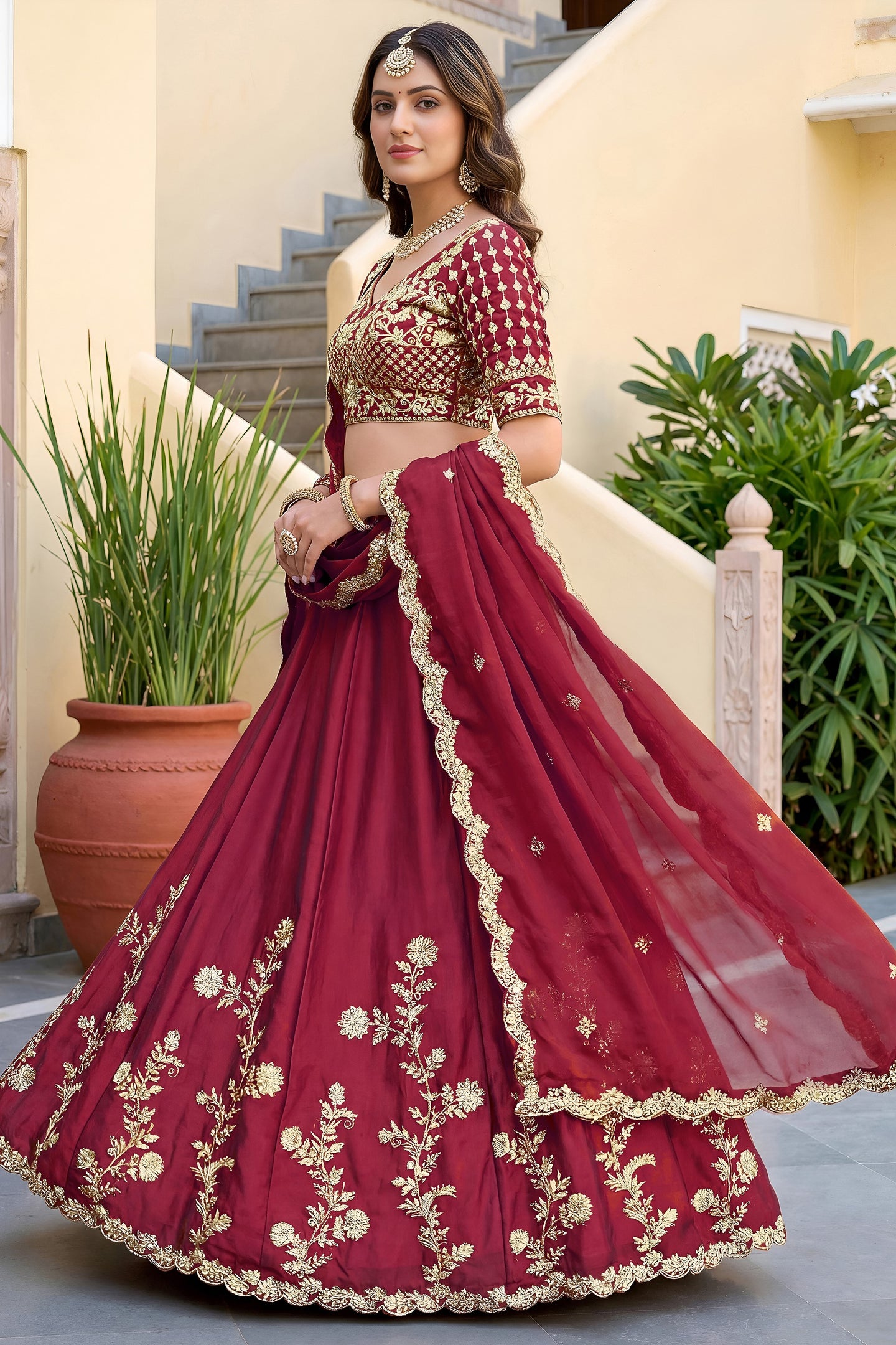 Pinkish Peach Rangoli Silk Wedding Lengha for Women with Zari and Sequins Work