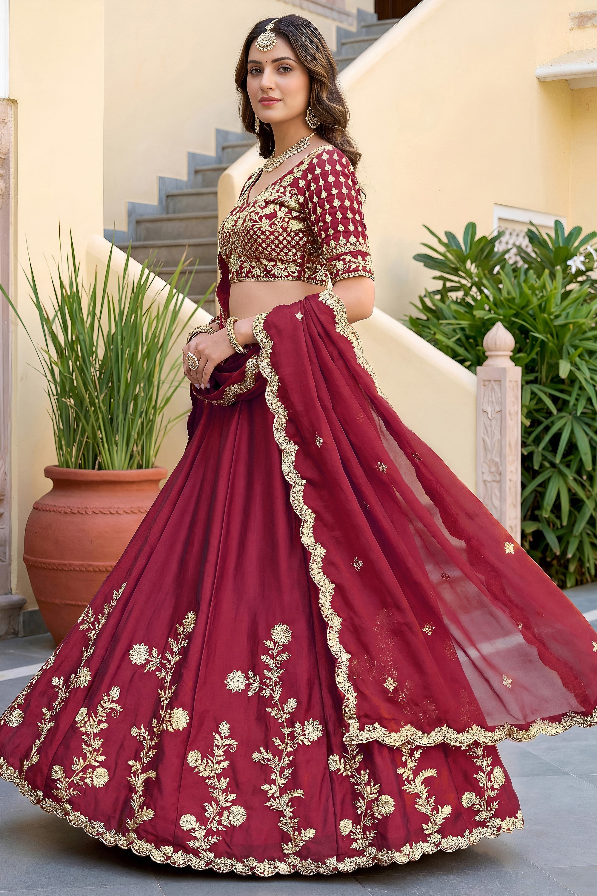 Pinkish Peach Rangoli Silk Wedding Lengha for Women with Zari and Sequins Work