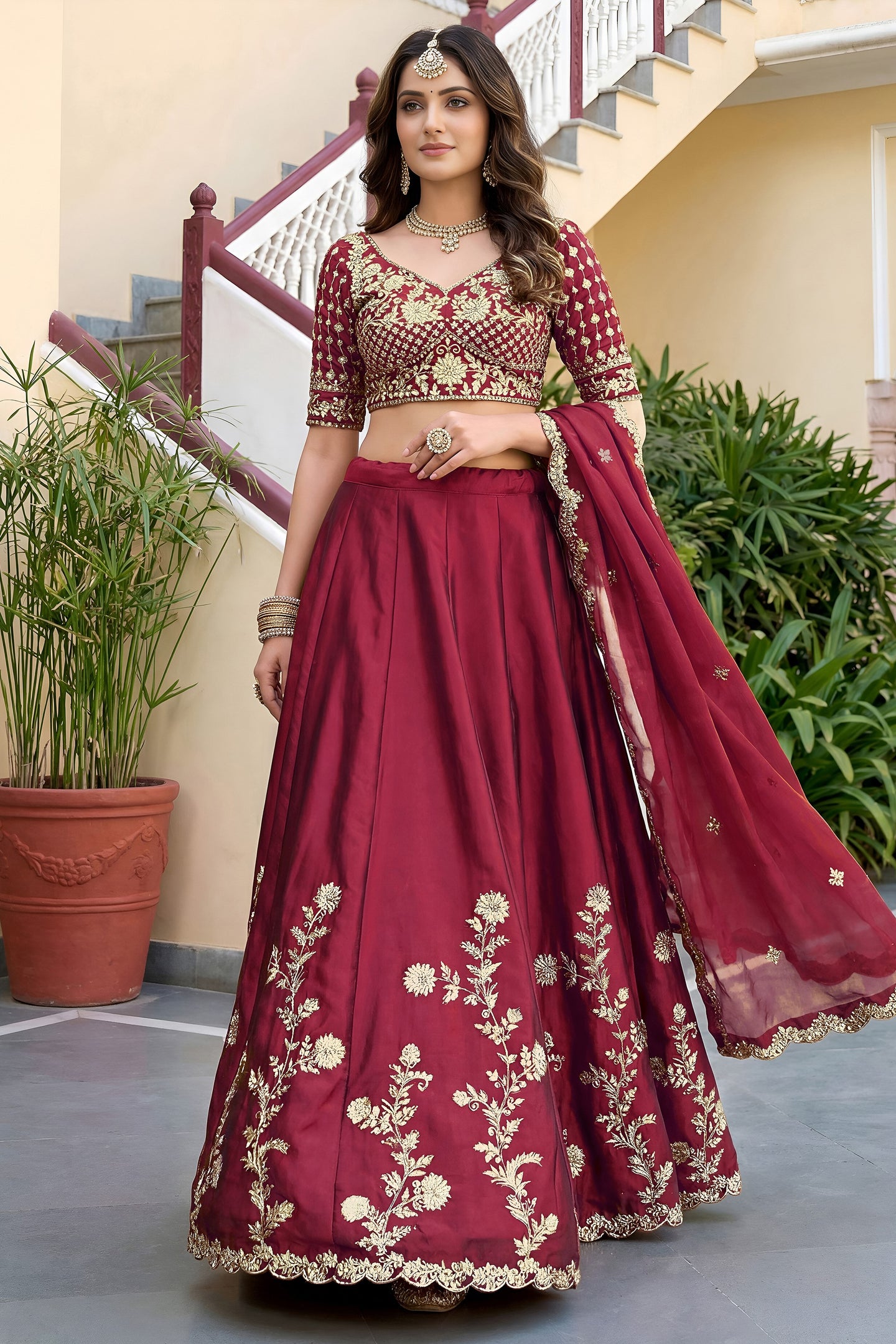 Pinkish Peach Rangoli Silk Wedding Lengha for Women with Zari and Sequins Work