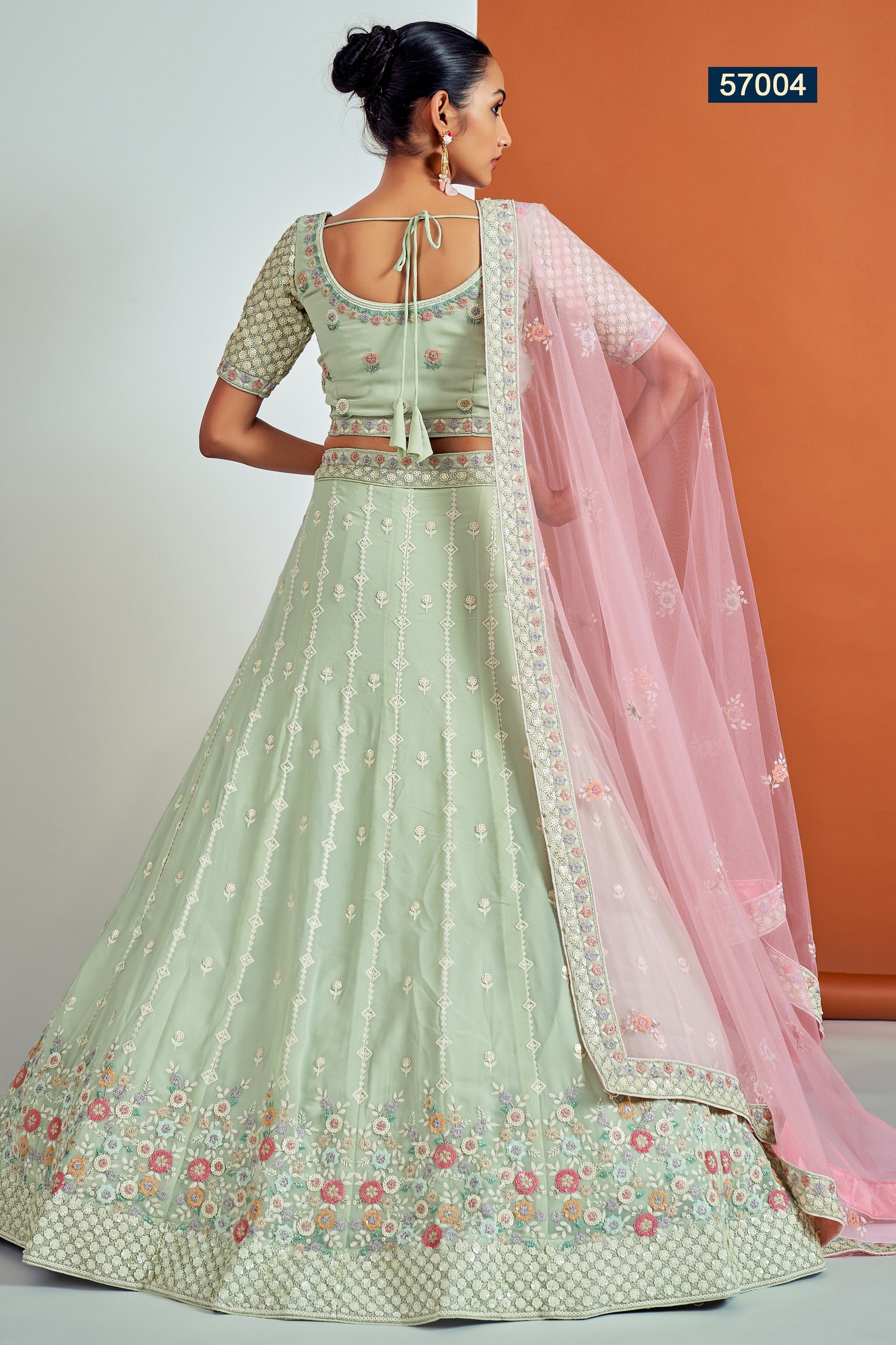 Pista Pakistani Georgette Lehenga Choli For Indian Festivals & Weddings - Sequence Embroidery Work, Thread Embroidery Work, Dori Work