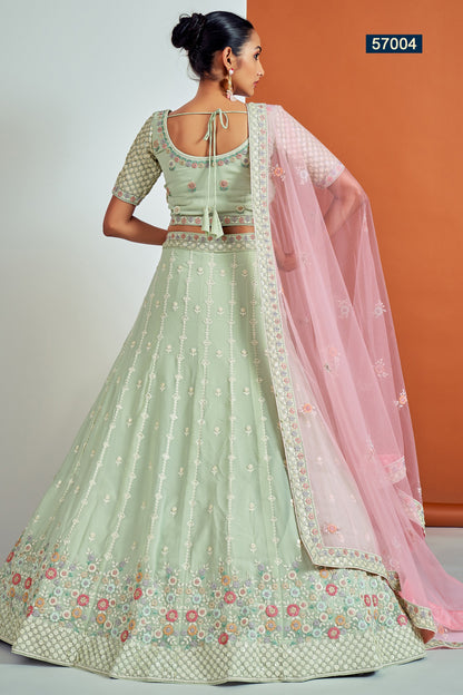 Pista Pakistani Georgette Lehenga Choli For Indian Festivals & Weddings - Sequence Embroidery Work, Thread Embroidery Work, Dori Work