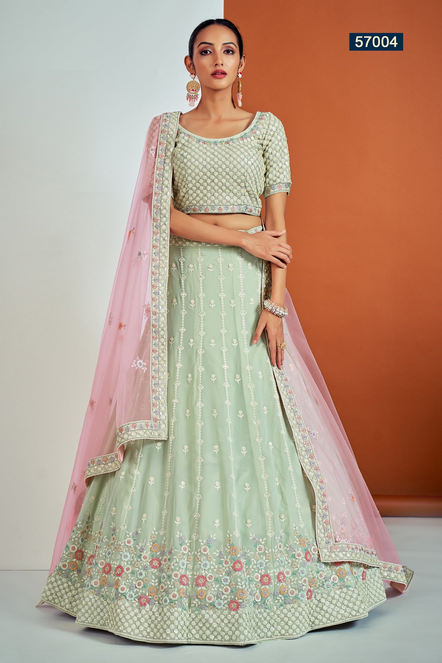 Pista Pakistani Georgette Lehenga Choli For Indian Festivals & Weddings - Sequence Embroidery Work, Thread Embroidery Work, Dori Work