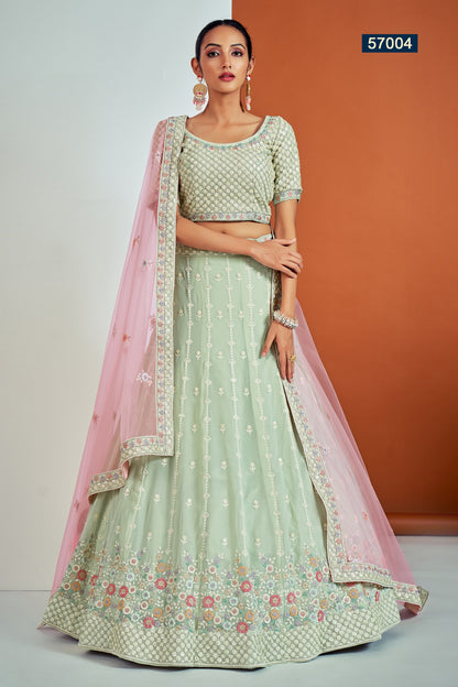 Pista Pakistani Georgette Lehenga Choli For Indian Festivals & Weddings - Sequence Embroidery Work, Thread Embroidery Work, Dori Work