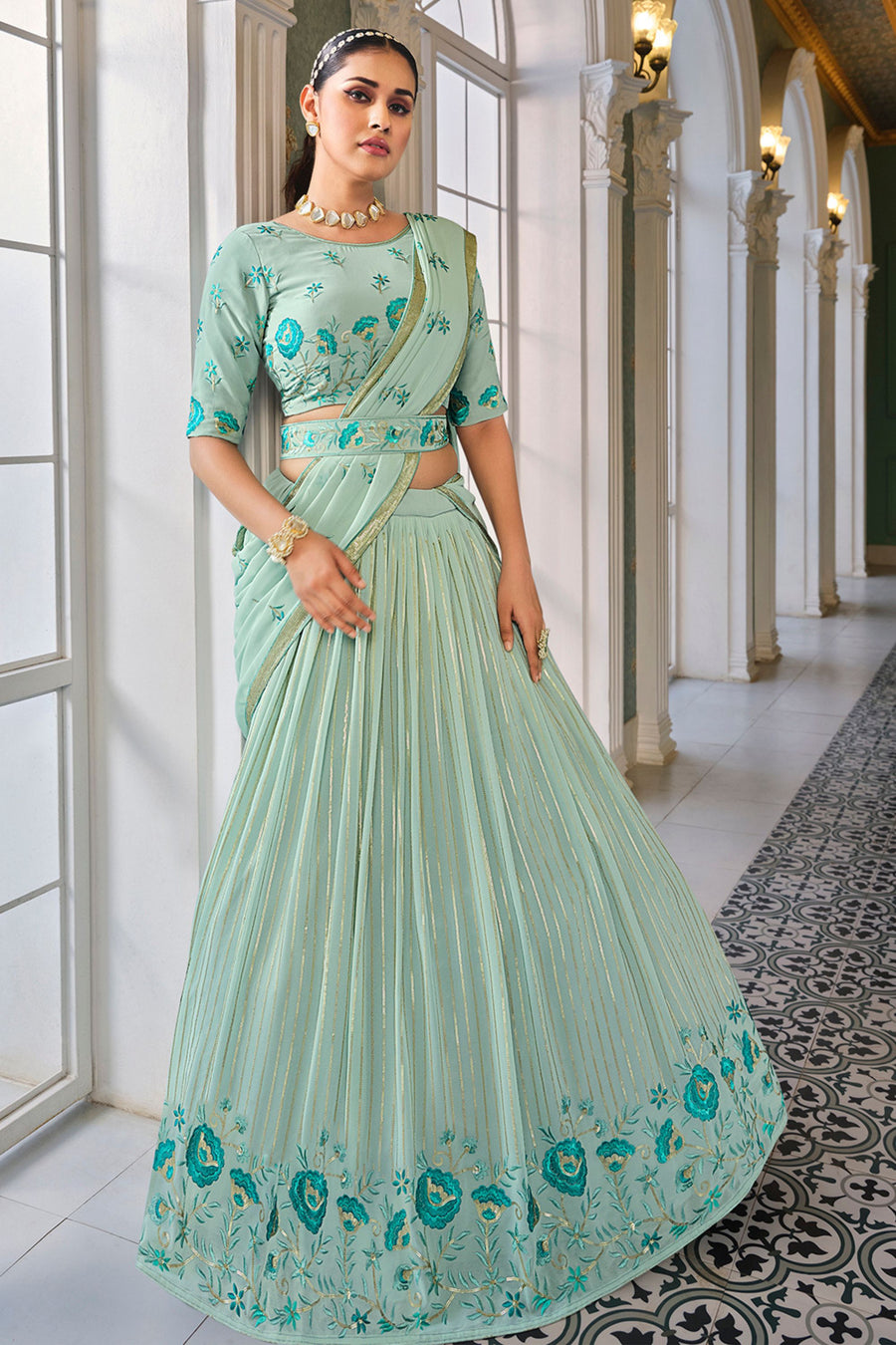 Purple Georgette Lehenga Choli Set For Indian Festivals & Weddings - Thread & Sequence Embroidery Work,