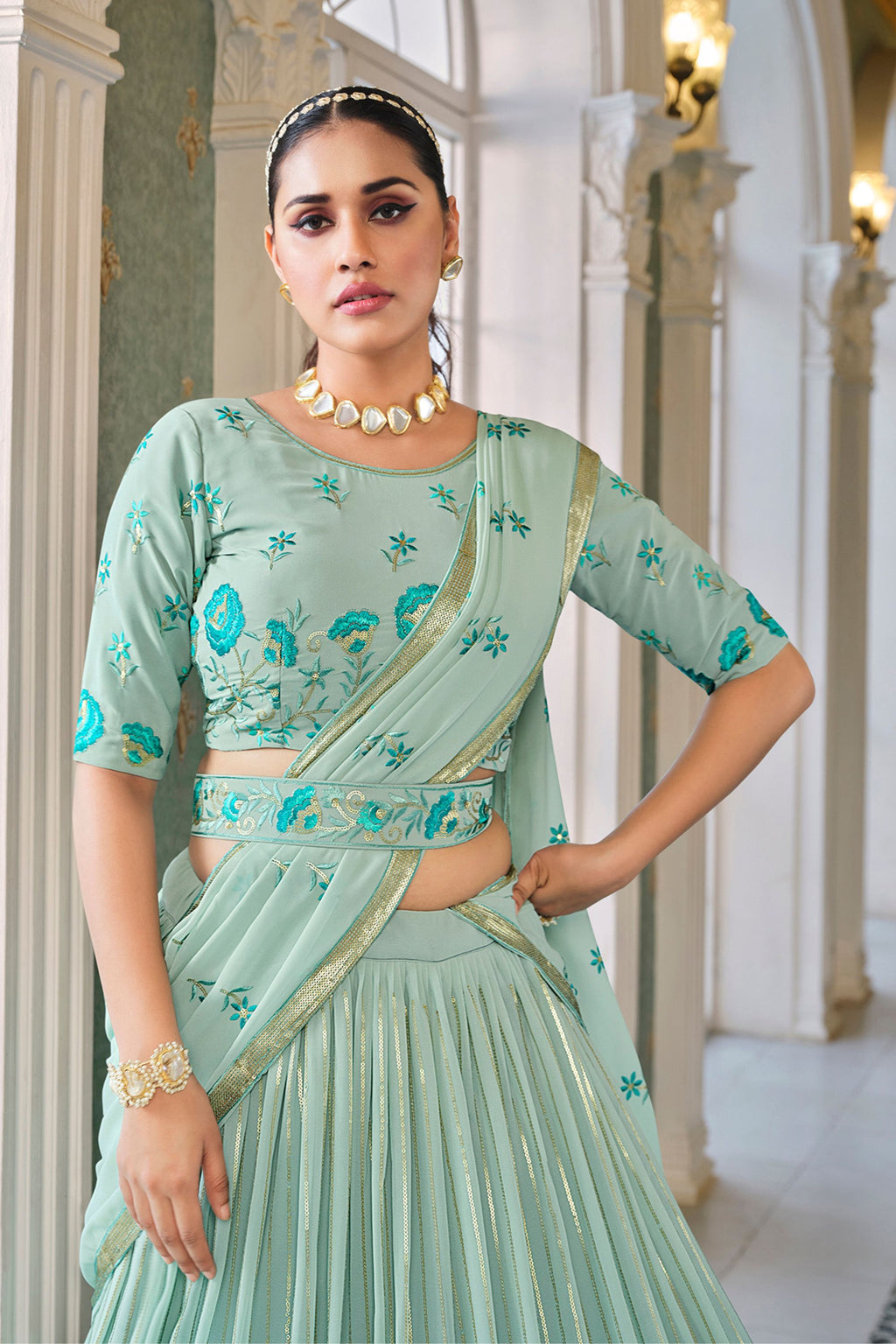 Purple Georgette Lehenga Choli Set For Indian Festivals & Weddings - Thread & Sequence Embroidery Work,