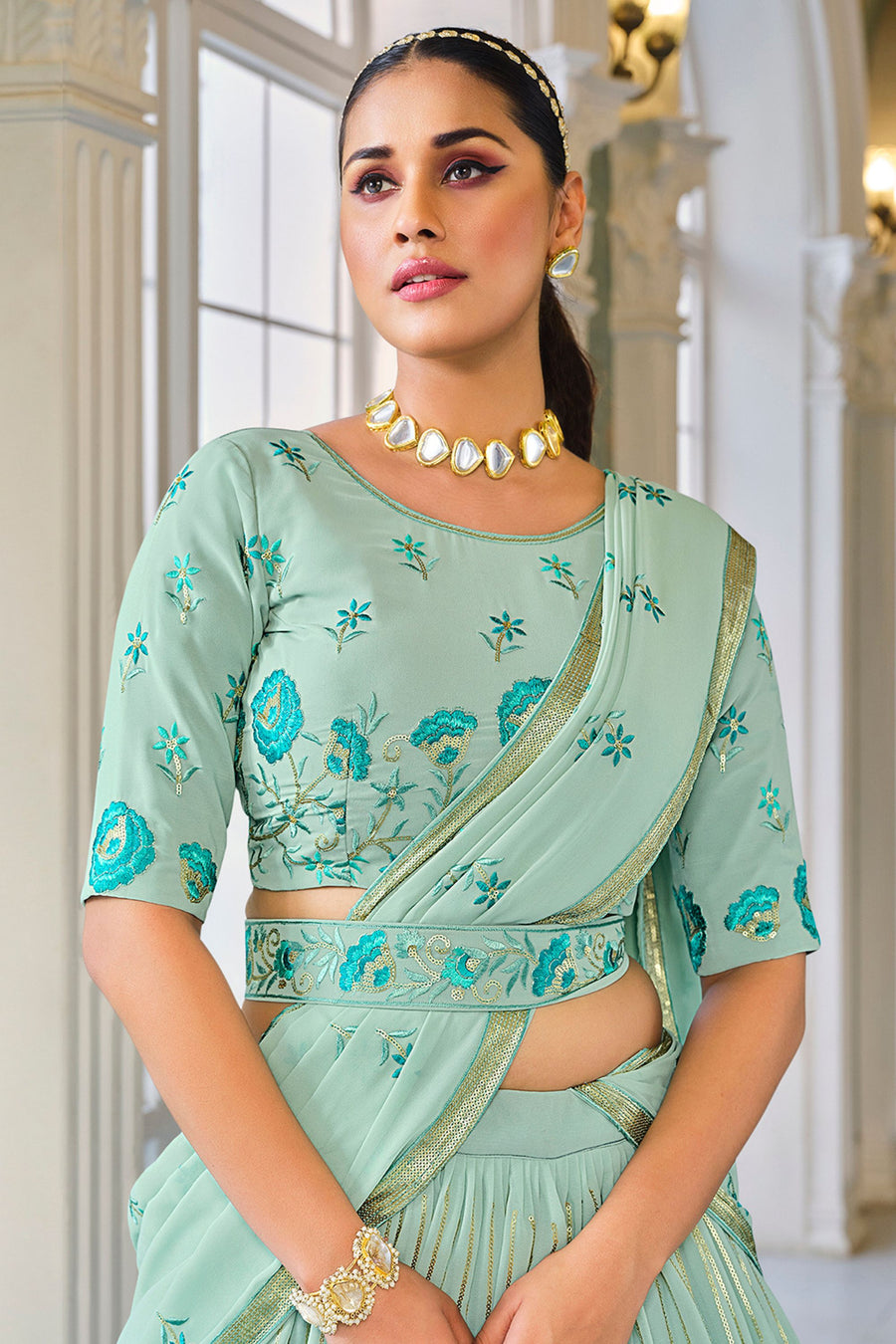 Purple Georgette Lehenga Choli Set For Indian Festivals & Weddings - Thread & Sequence Embroidery Work,