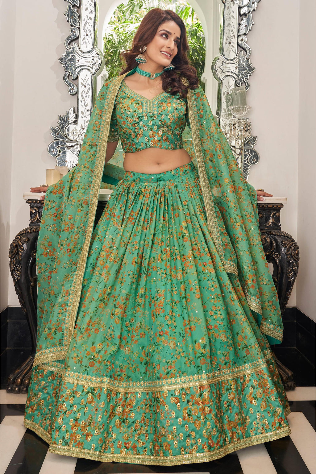 Pista Green Art Silk Lehenga Choli For Indian & Pakistani Wedding Festival - Sequins & Thread Embroidery Work, Dori Work, Zari Work