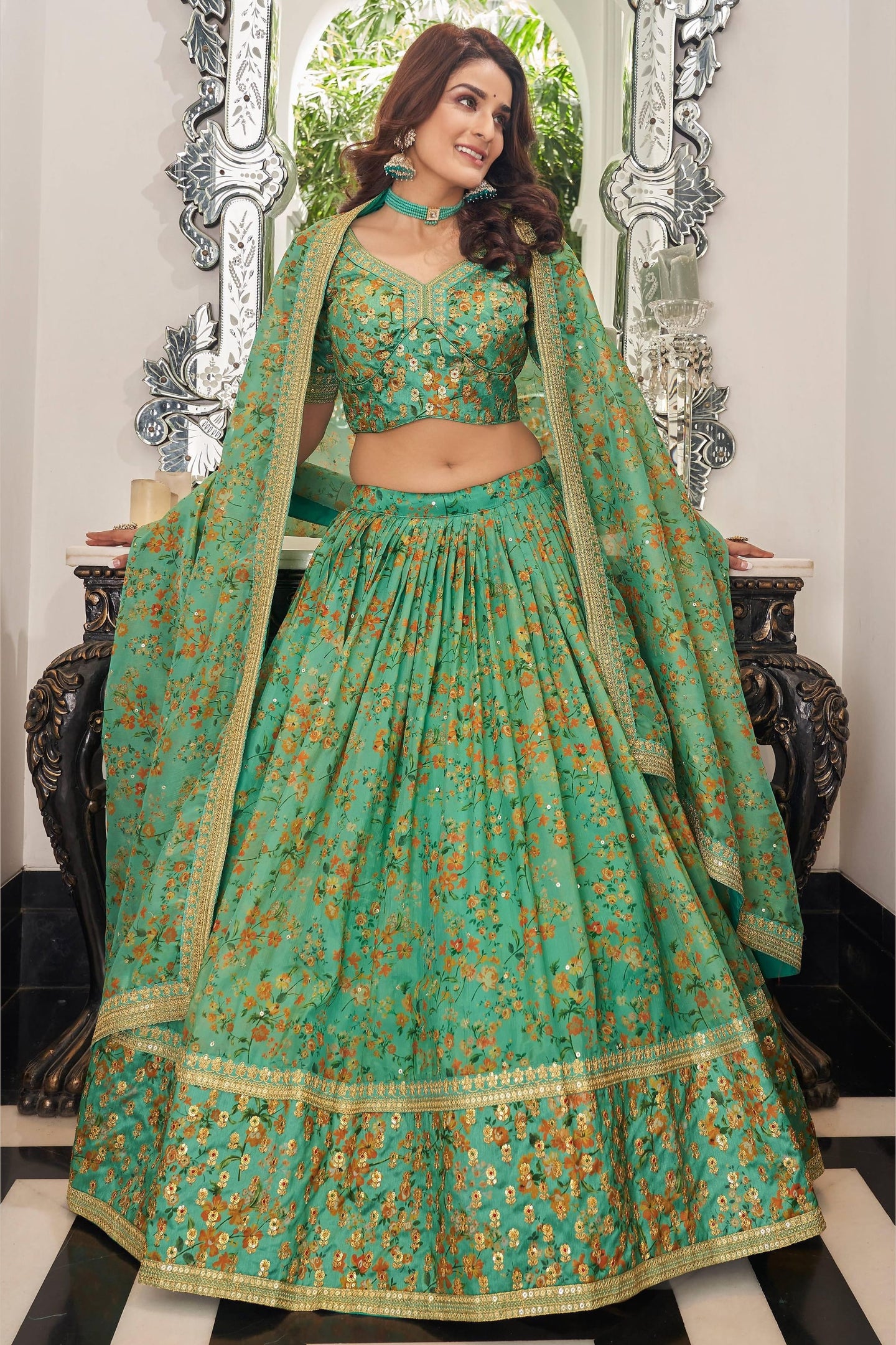 Pista Green Art Silk Lehenga Choli For Indian & Pakistani Wedding Festival - Sequins & Thread Embroidery Work, Dori Work, Zari Work