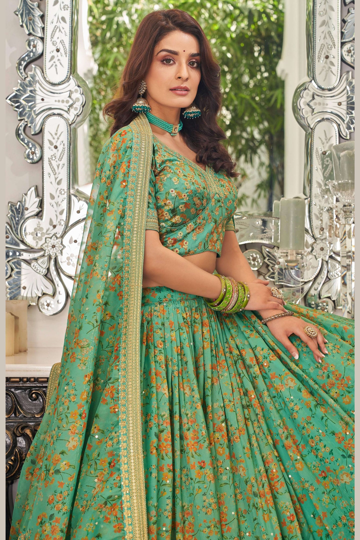 Pista Green Art Silk Lehenga Choli For Indian & Pakistani Wedding Festival - Sequins & Thread Embroidery Work, Dori Work, Zari Work