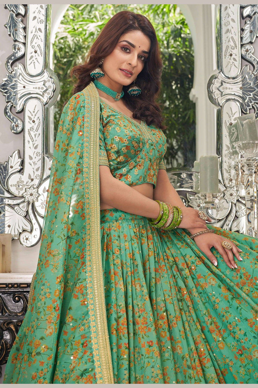 Pista Green Art Silk Lehenga Choli For Indian & Pakistani Wedding Festival - Sequins & Thread Embroidery Work, Dori Work, Zari Work