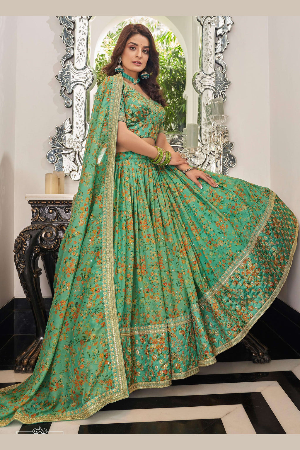 Pista Green Art Silk Lehenga Choli For Indian & Pakistani Wedding Festival - Sequins & Thread Embroidery Work, Dori Work, Zari Work