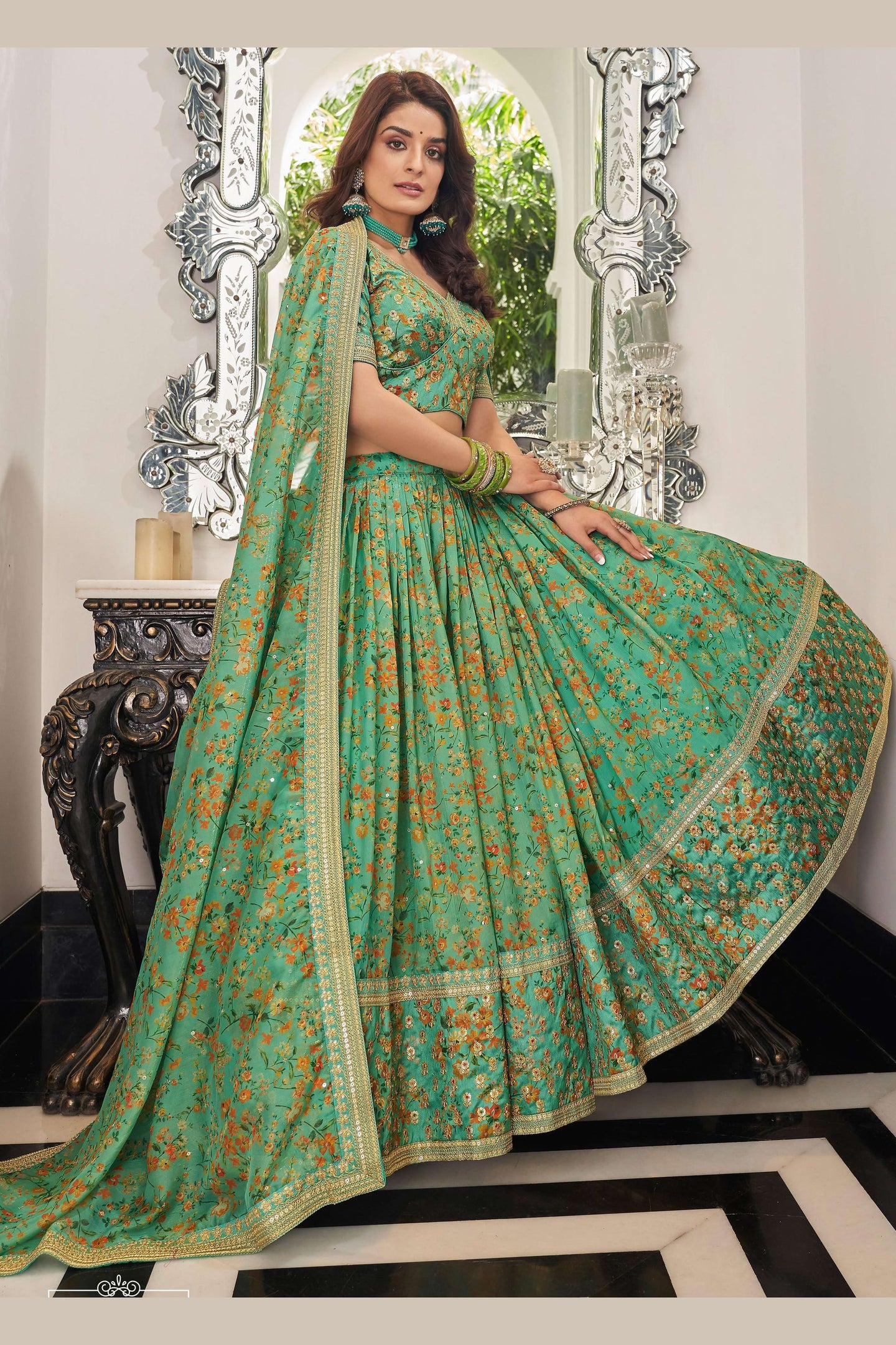 Pista Green Art Silk Lehenga Choli For Indian & Pakistani Wedding Festival - Sequins & Thread Embroidery Work, Dori Work, Zari Work