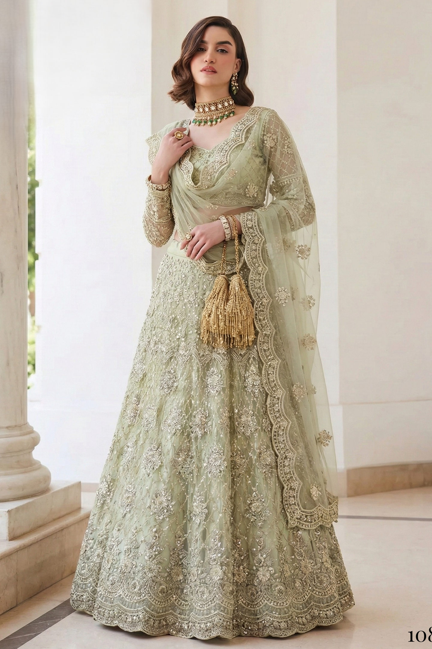 Pista Green Net Sangeet Lehenga Choli with Thread and Sequin Work