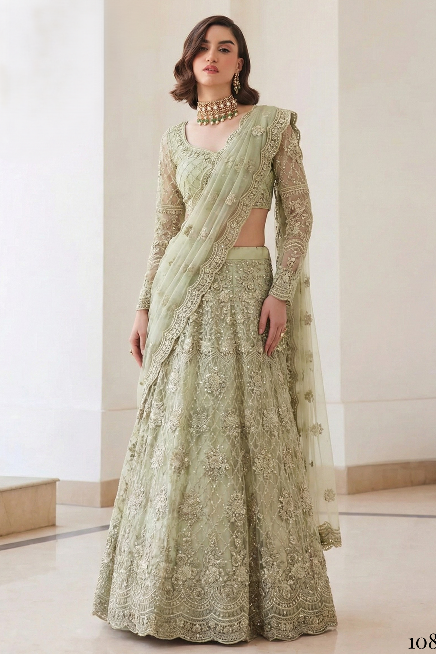 Pista Green Net Sangeet Lehenga Choli with Thread and Sequin Work