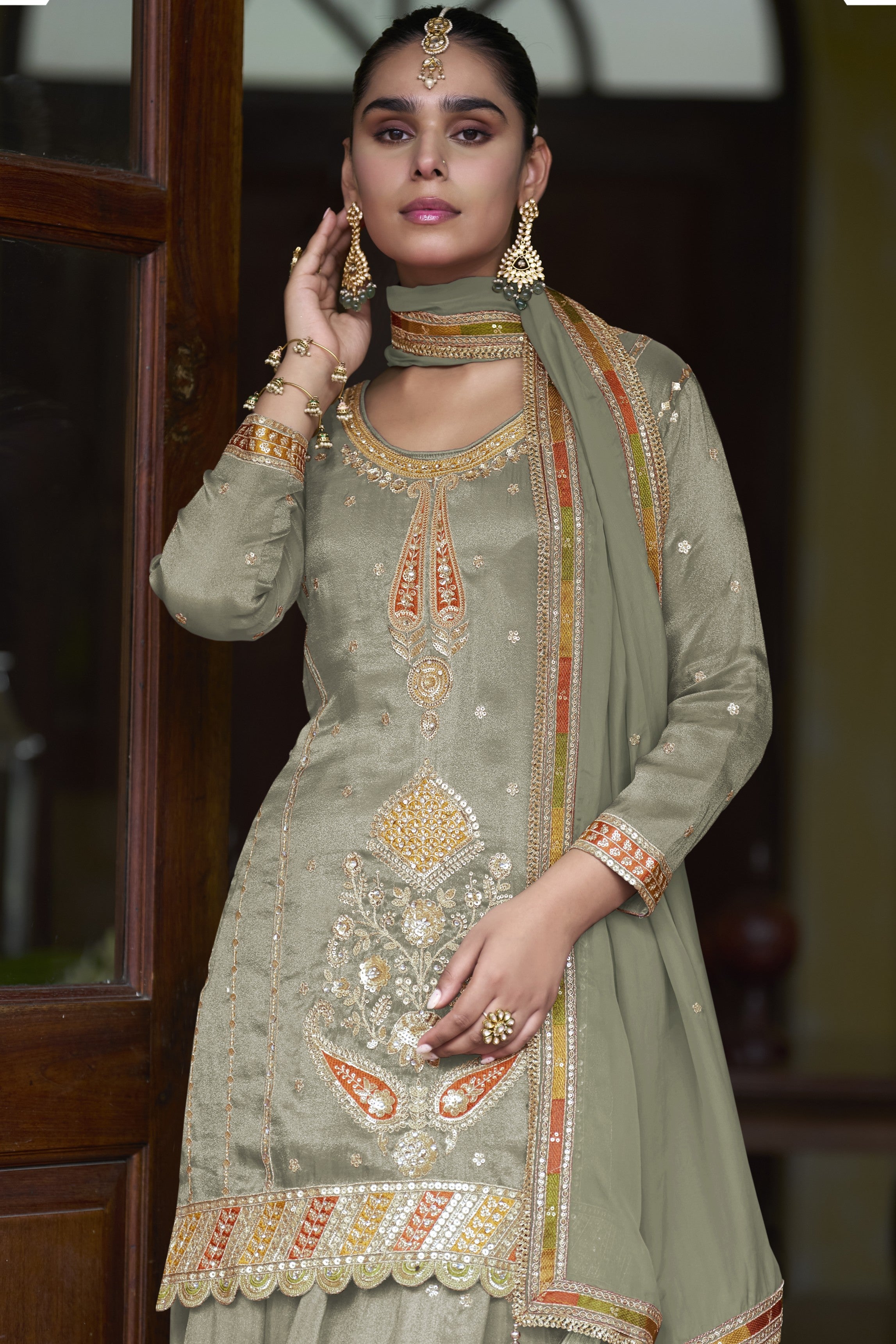 Pista Green Simmer Silk Palazzo Suit For Indian & Pakistani Wedding Festival - Thread & Sequins Embroidery Work