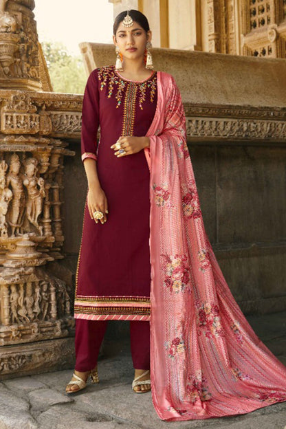 Maroon Cotton Silk Kameez With Pant For Indian Suit Festivals & Pakistani Weddings Dress - Thread Embroidery Work, Sequence Embroidery Work, Print Work