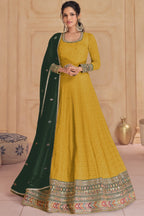 Yellow Georgette Long Anarkali Suit with Front Slit For Indian Festivals & Pakistani Weddings Dress - Thread Embroidery Work, Sequence Embroidery Work