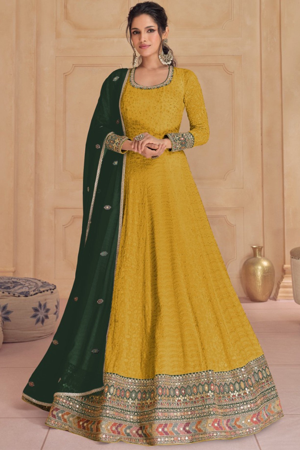 Yellow Georgette Long Anarkali Suit with Front Slit For Indian Festivals & Pakistani Weddings Dress - Thread Embroidery Work, Sequence Embroidery Work