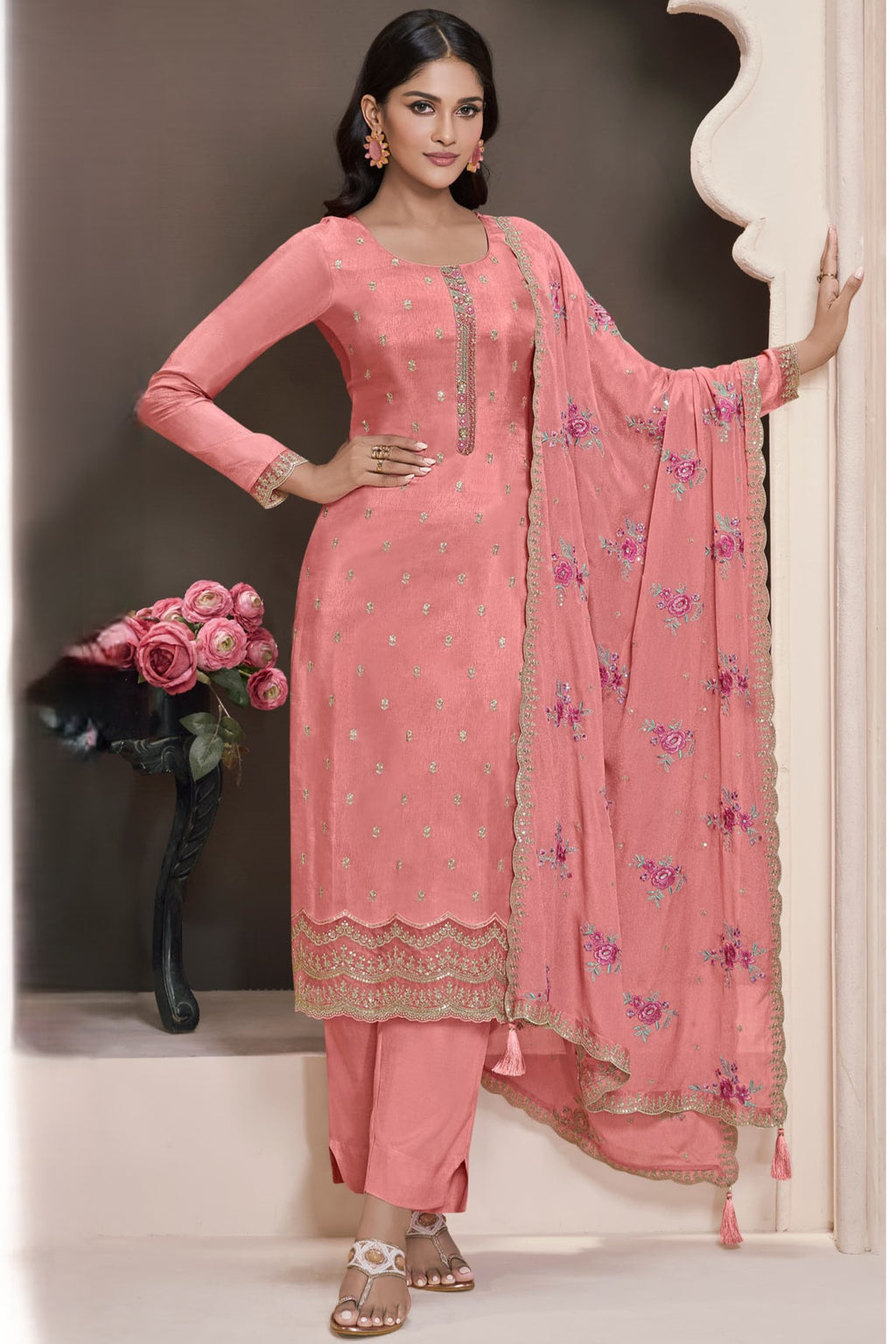 Pink Chinon Silk Kameez with Pant For Ladies Indian Festivals & Weddings - Embroidery Work