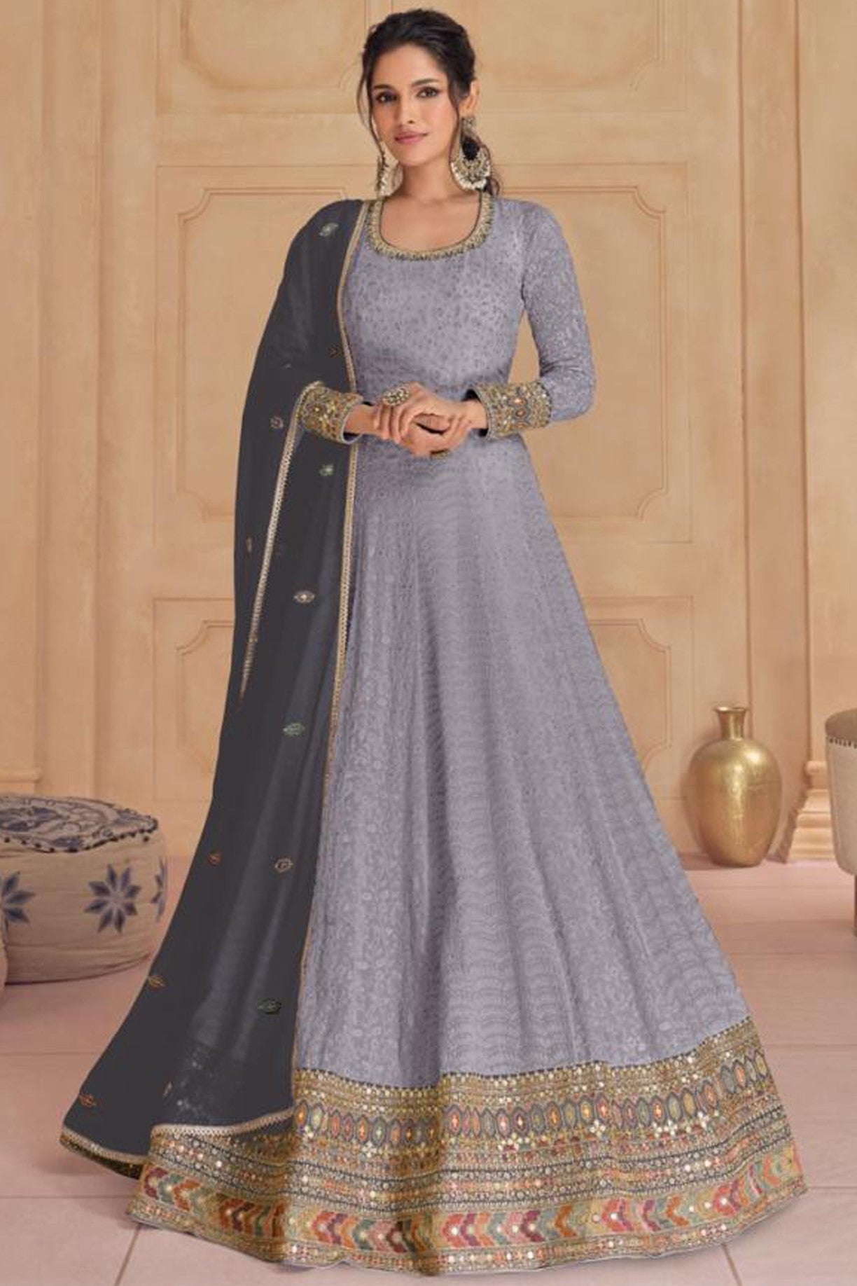 Lavender Gray Georgette Long Anarkali Suit For Indian Festivals & Pakistani Weddings Dress - Thread Embroidery Work, Sequence Embroidery Work