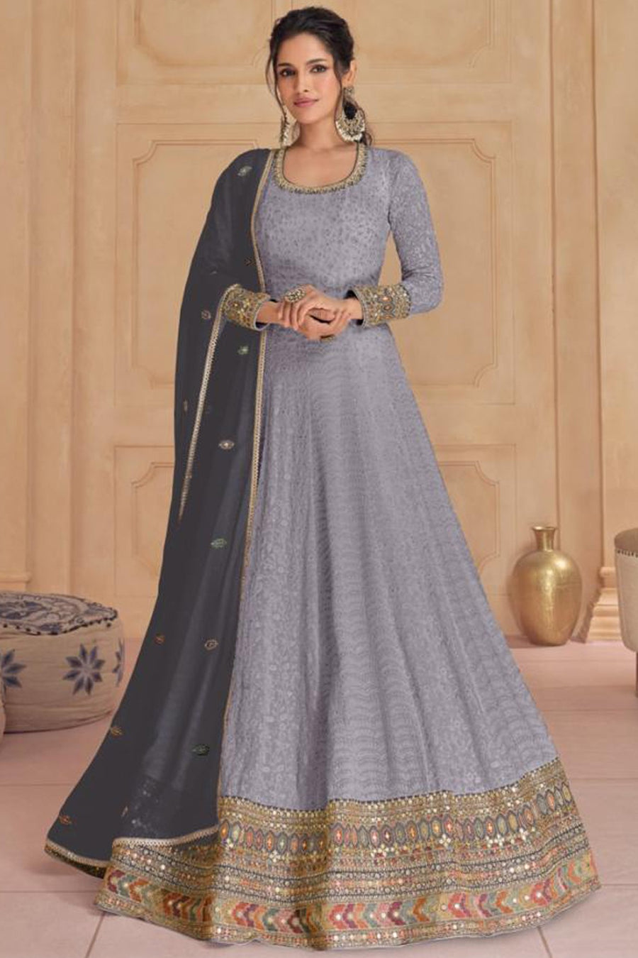 Lavender Gray Georgette Long Anarkali Suit For Indian Festivals & Pakistani Weddings Dress - Thread Embroidery Work, Sequence Embroidery Work