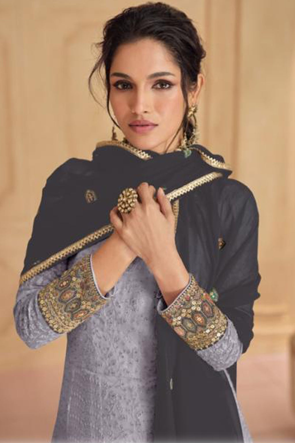 Lavender Gray Georgette Long Anarkali Suit For Indian Festivals & Pakistani Weddings Dress - Thread Embroidery Work, Sequence Embroidery Work