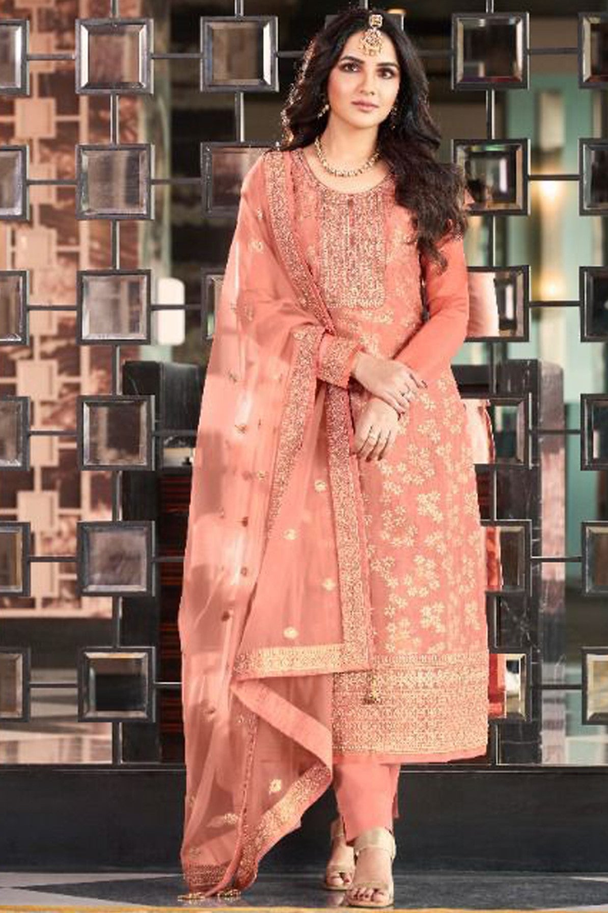 Peach Jacquard Silk Kameez With Pant For Indian Suit Festivals & Pakistani Weddings Dress - Embroidery Work