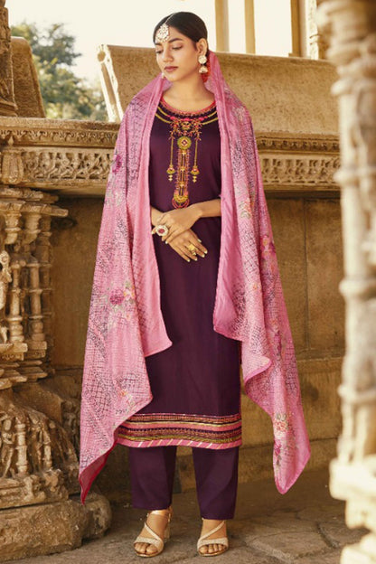 Dark Purple Cotton Silk Kameez With Pant For Indian Suit Festivals & Pakistani Weddings Dress - Thread Embroidery Work, Sequence Embroidery Work, Print Work