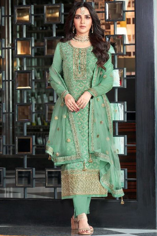 Pista Jacquard Silk Kameez With Pant For Indian Suit Festivals & Pakistani Weddings Dress - Embroidery Work