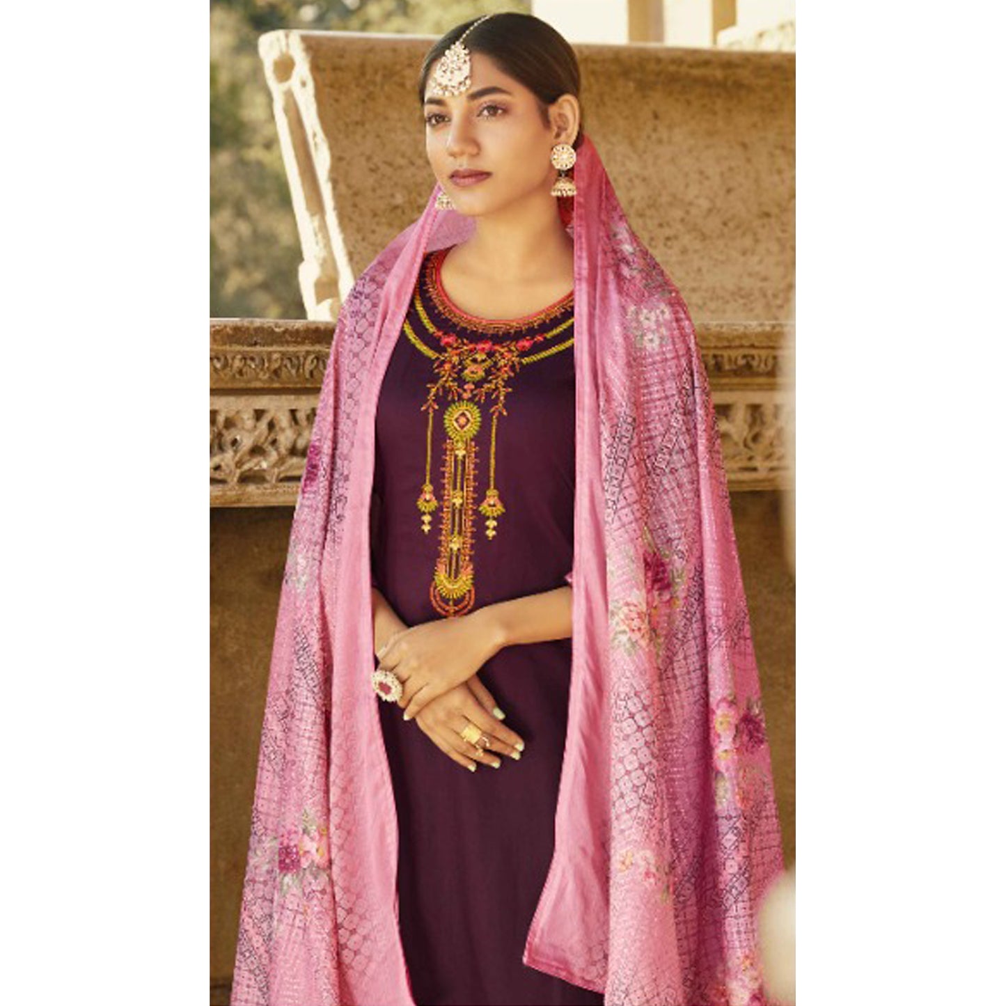 Dark Purple Cotton Silk Kameez With Pant For Indian Suit Festivals & Pakistani Weddings Dress - Thread Embroidery Work, Sequence Embroidery Work, Print Work